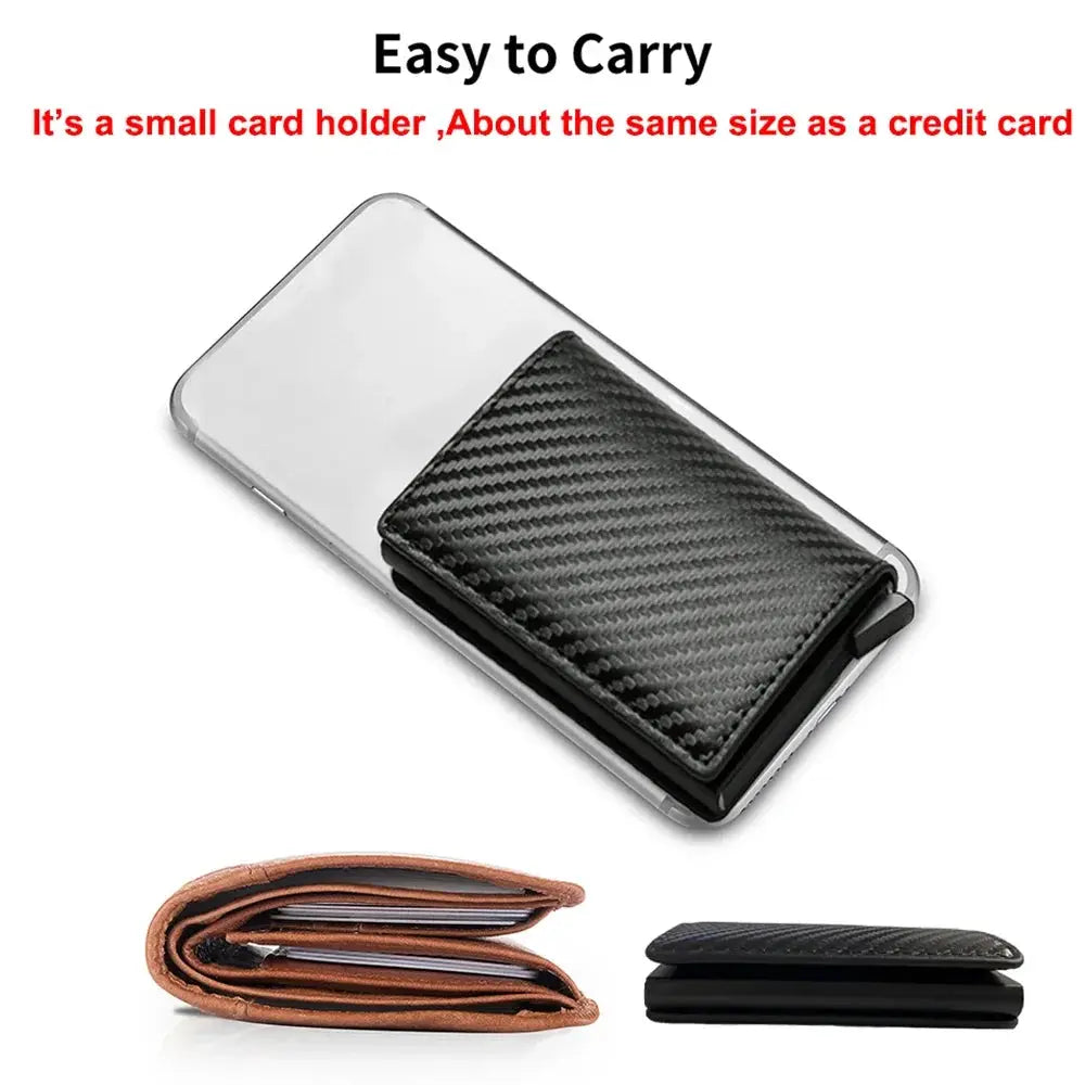 Carbon fiber RFID card holder wallet; black textured mini case with brown leather and black wallets (3 wallets total).
