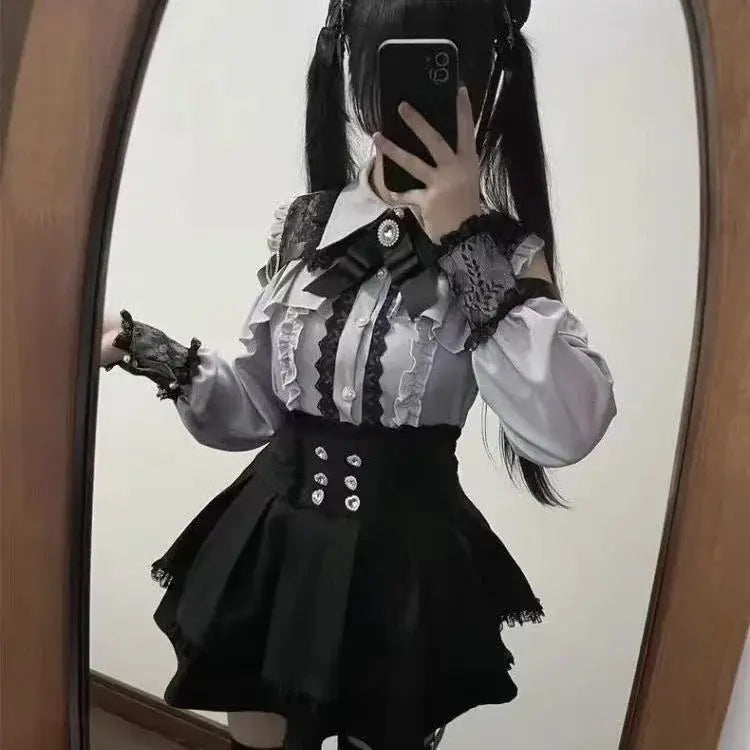 Japanese Gothic Lolita Dress Set Women Harajuku Y2K Bow Lace Ruffles