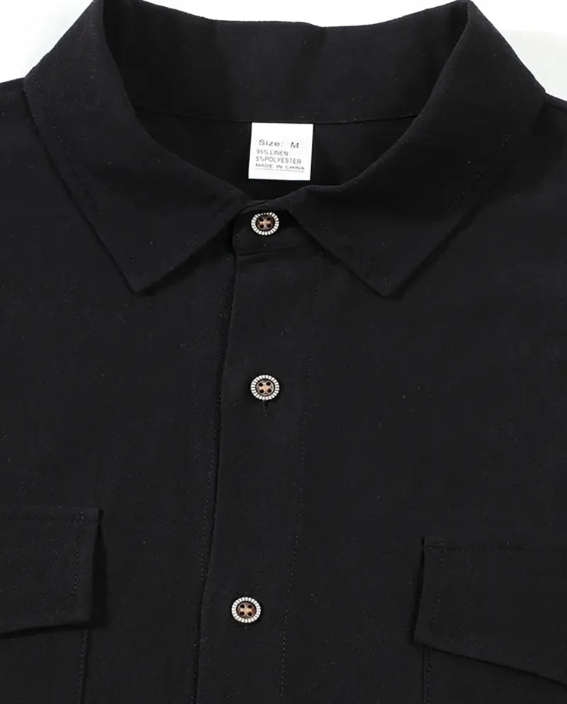 Men's black linen button-up shirt with lapel collar, short sleeves, double chest pockets