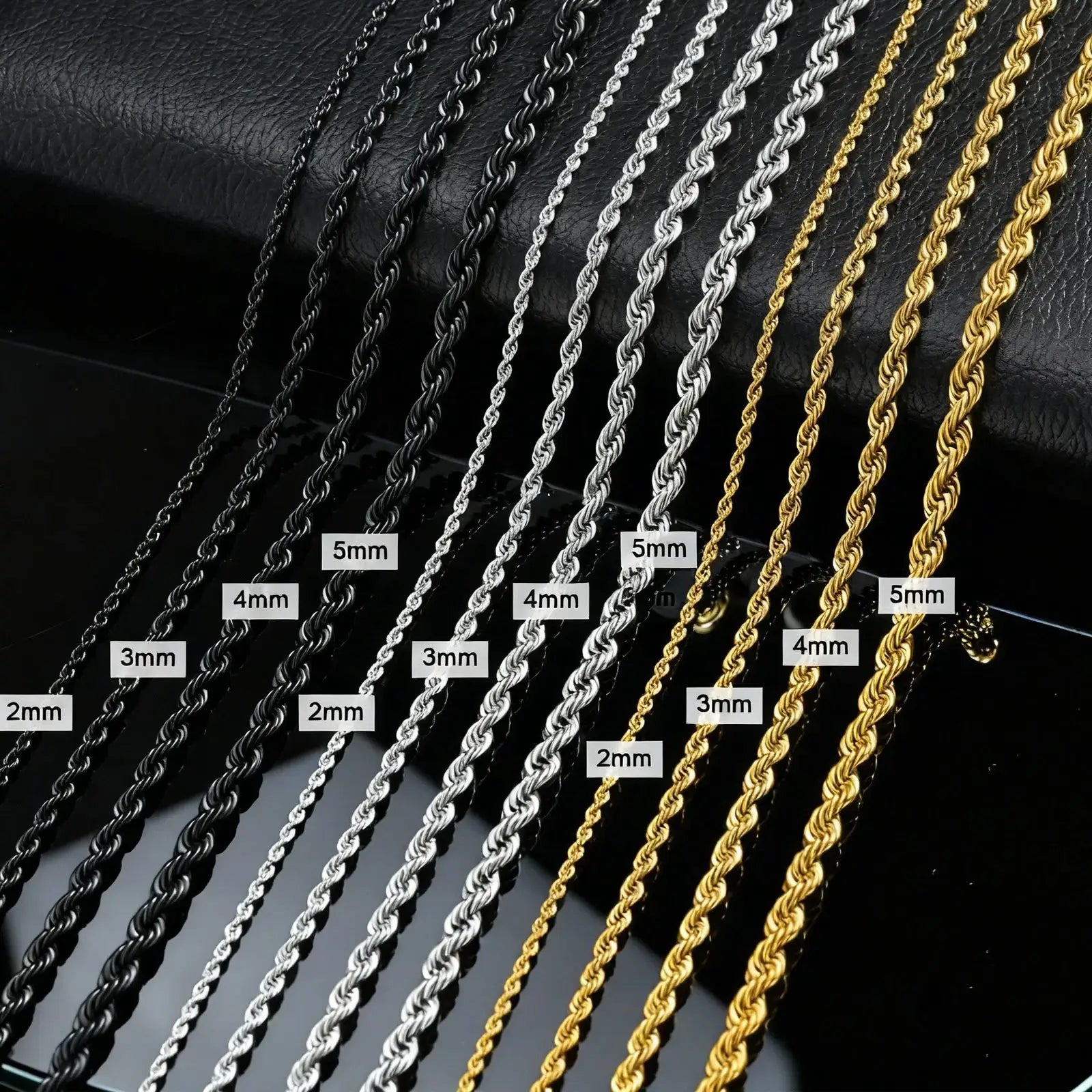 Simples Market rope chain necklaces, stainless steel silver and gold tones, twist rope design, 2–5mm widths, 16–36 inches