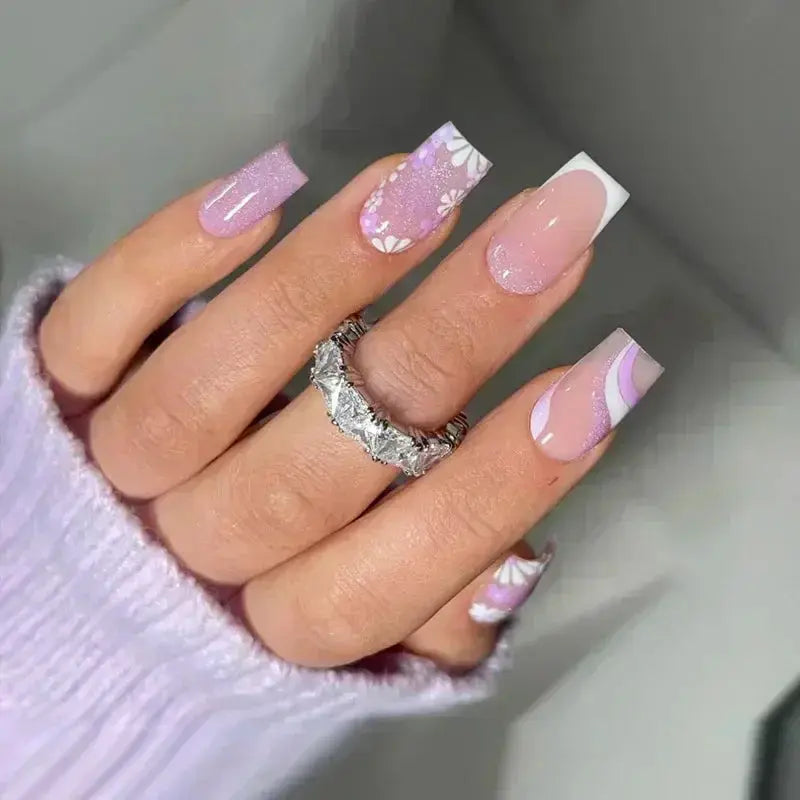 GlamNail Pro 24Pcs Short Square Coffin Press On Nails Set With Glue French Glitter Ballet Style