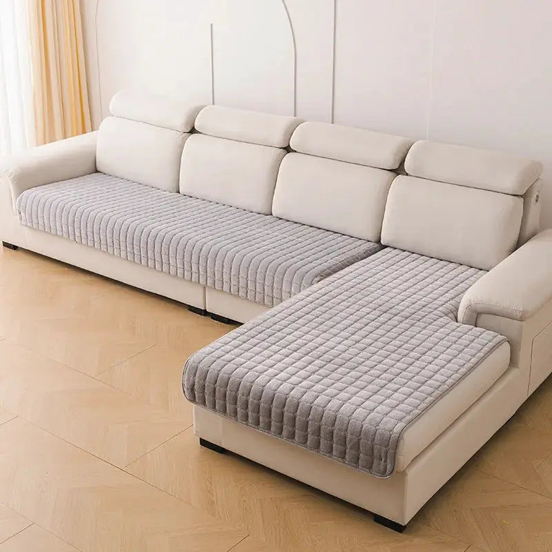 Simples Market flannel sofa cushions with grey quilted non-slip covers on a beige sectional sofa; plush thickened seats