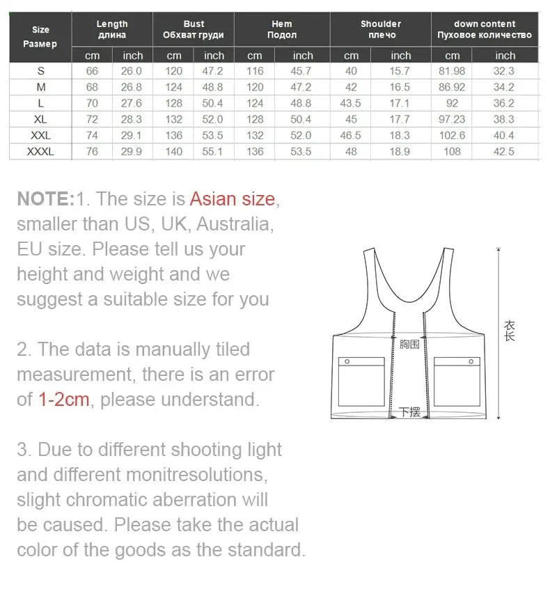 Maden men's down vest with white duck down filling and double side pockets; size chart shown