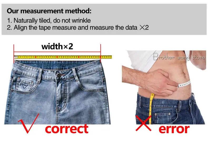 Men's blue denim jeans measurement guide showing correct waist width across waistband (width×2) with a tape measure; contrast with incorrect abdomen measurement