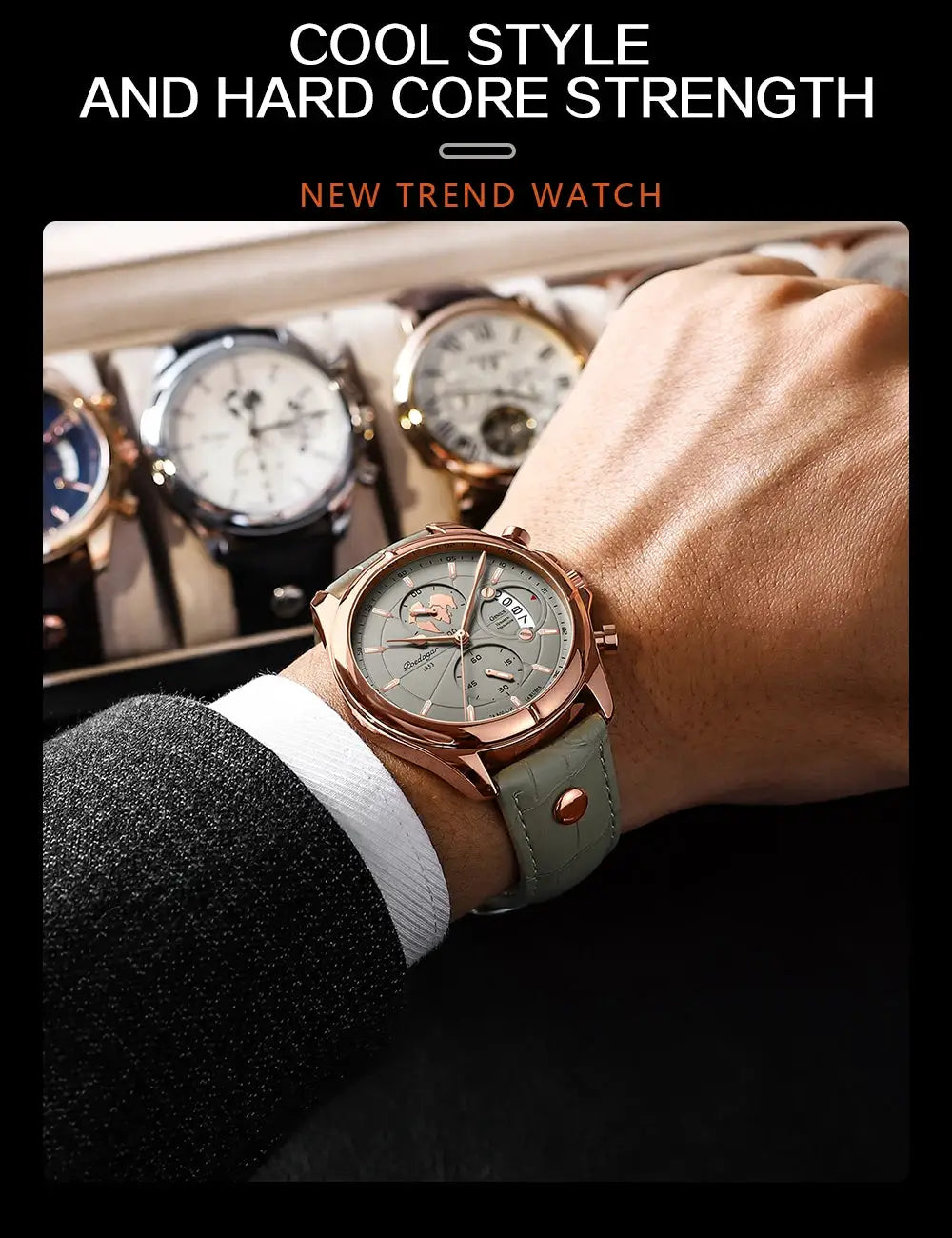 POEDAGAR men's sport chronograph watch with rose-gold case and grey leather strap; date display, five watches visible.