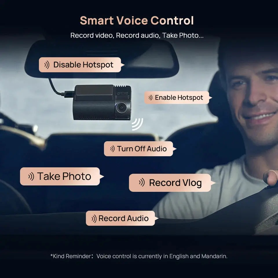 70mai dash cam A810S in-car 4K camera, black with smart voice control and Wi-Fi indicators