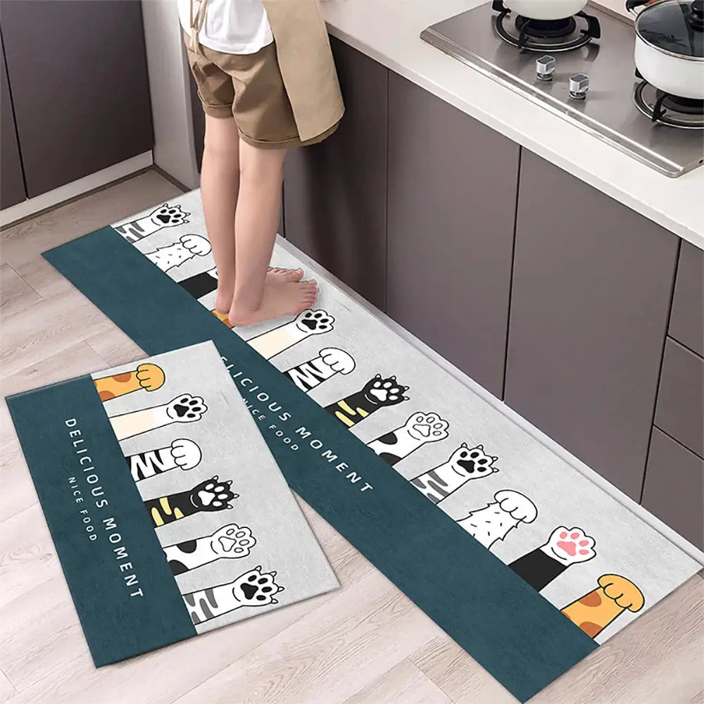 Non-slip kitchen mat runner with paw-print design, crystal velvet texture in blue/gray long rug.