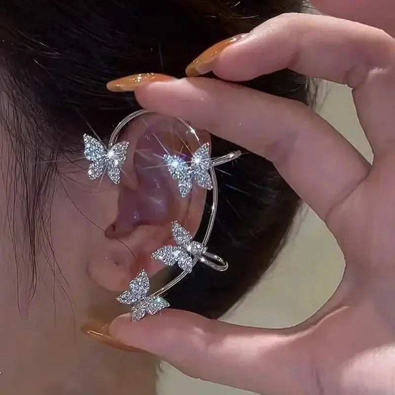 Silver-plated butterfly clip-on ear cuff with zircon crystals on a hoop design, no piercing