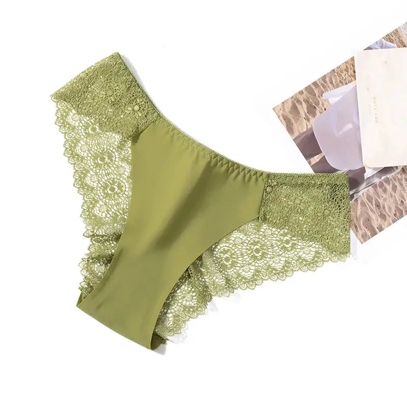 Olive-green satin panties with lace-trimmed sides for women