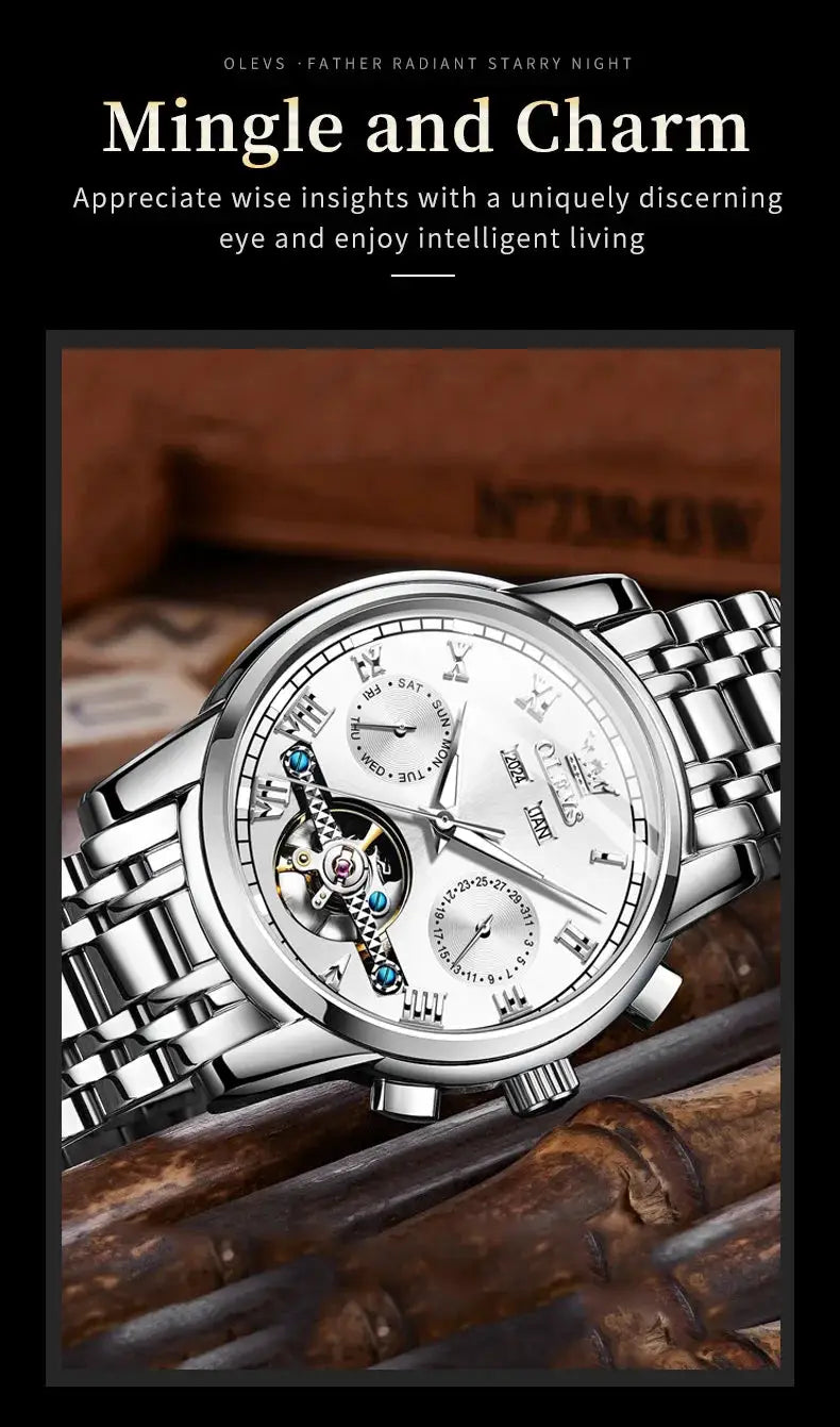 OLEVS stainless steel skeleton automatic wristwatch with flywheel and dual calendar