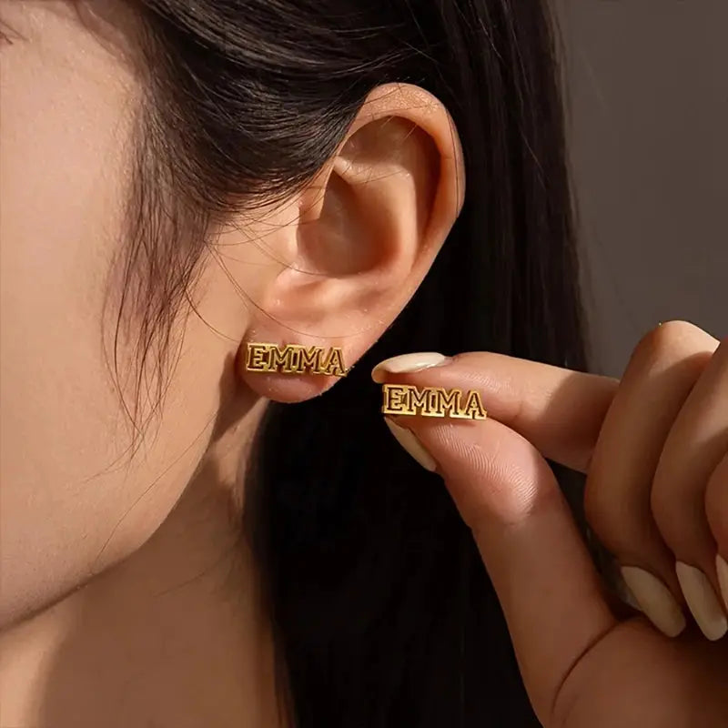 Gold-tone stainless steel Emma name earrings, personalized Valentine's Day jewelry pair