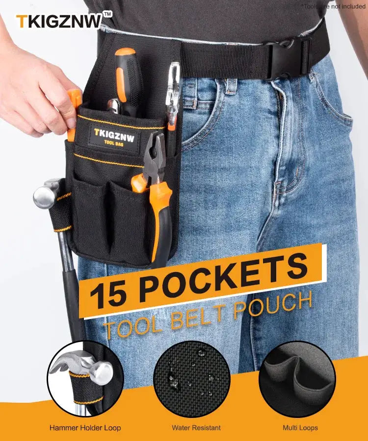 TKIGZNW pocket tool pouch, black heavy-duty tool bag with adjustable belt and 15 pockets