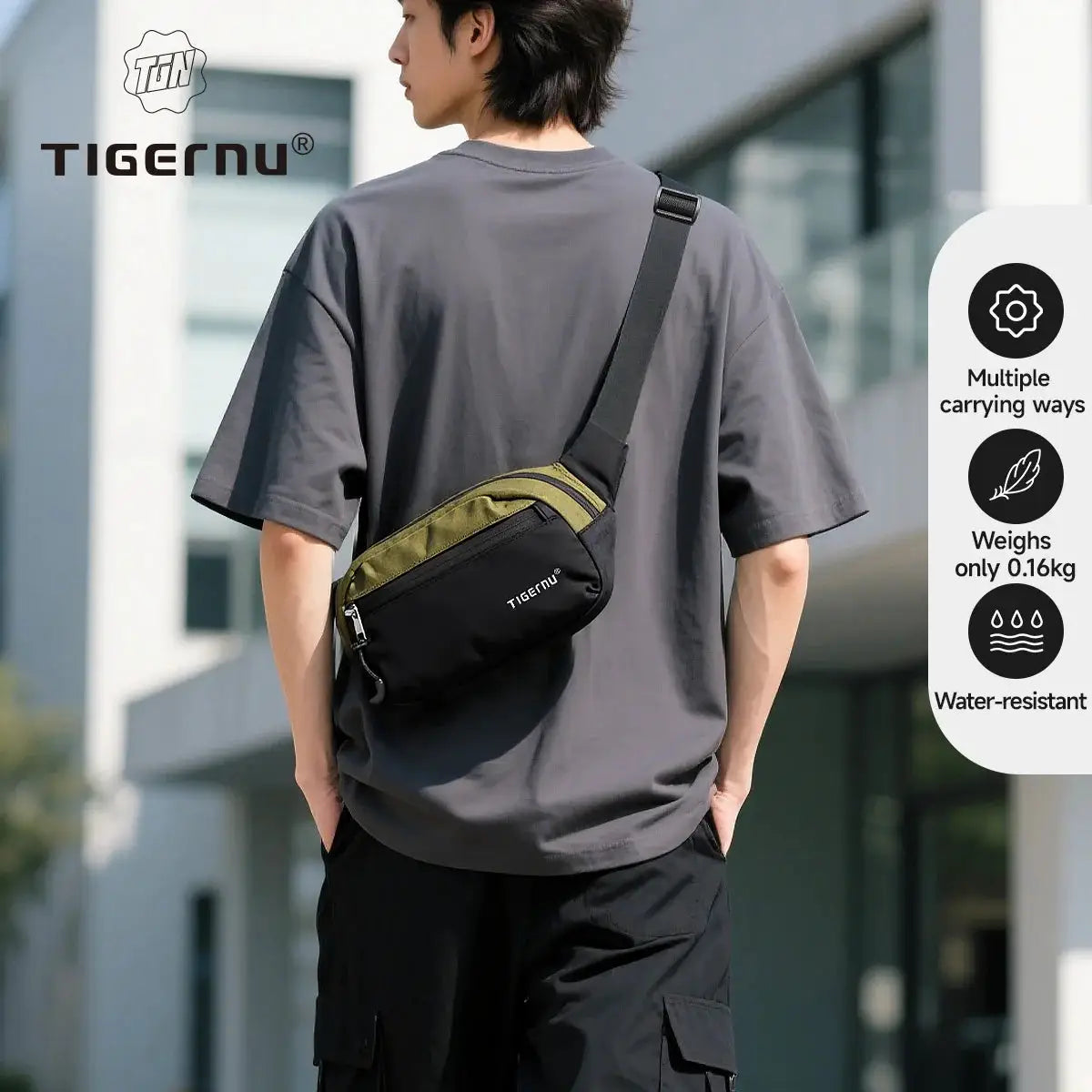 Tigernu lightweight crossbody bag, black with olive strap, water-resistant.