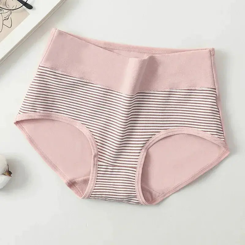 Pink high-waist women's cotton panties with striped panel, breathable M-5XL
