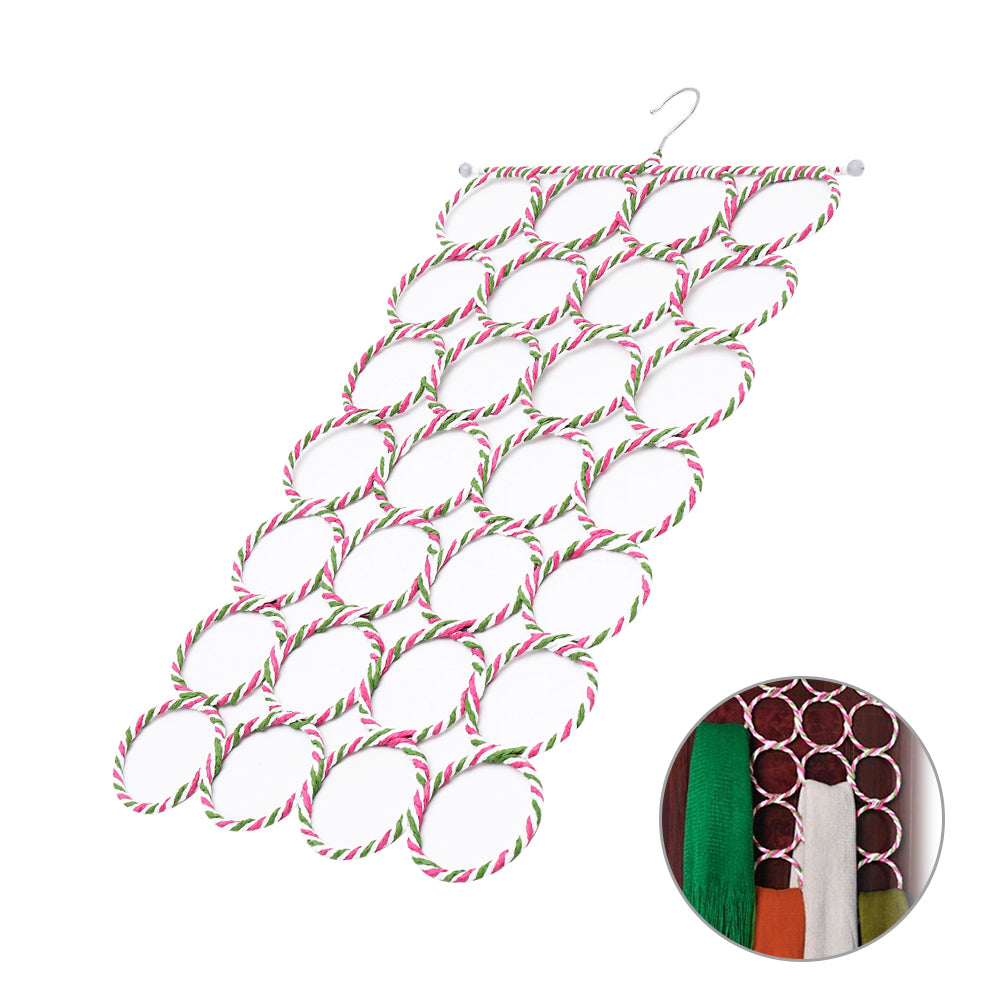 Simples Market 28-hole scarf holder organizer with pink-green braided rope loops and top hanging hook