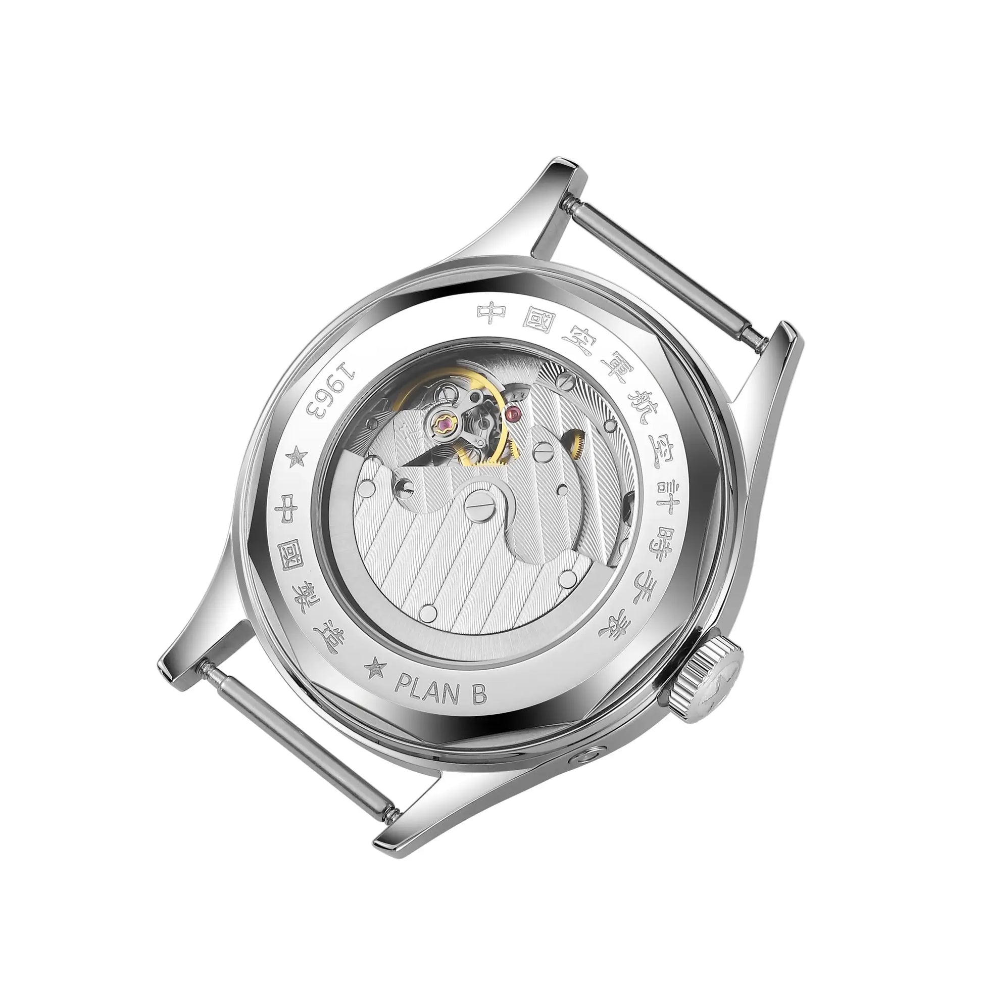 40mm stainless steel men's pilot watch with sapphire crystal and display caseback revealing ST17 automatic movement.