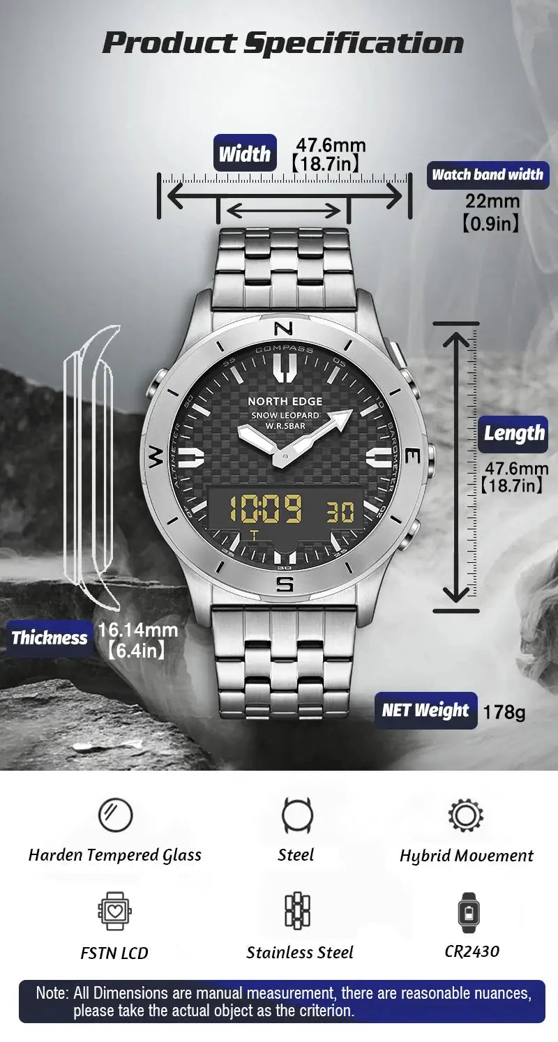 North Edge men's digital sport watch with stainless steel band, 50M water resistance, altimeter and compass