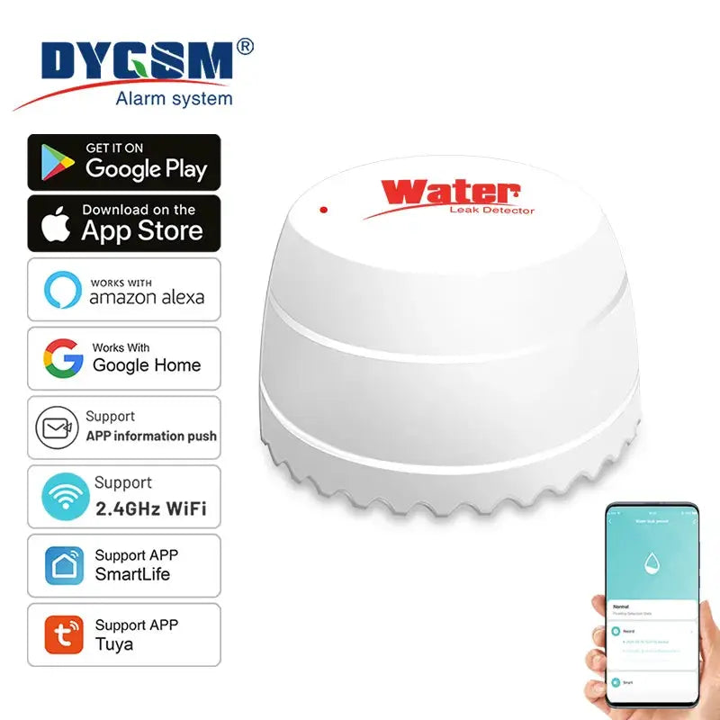 Water leak detector by DYGSM, white; Tuya WiFi compatible with Smart Life.