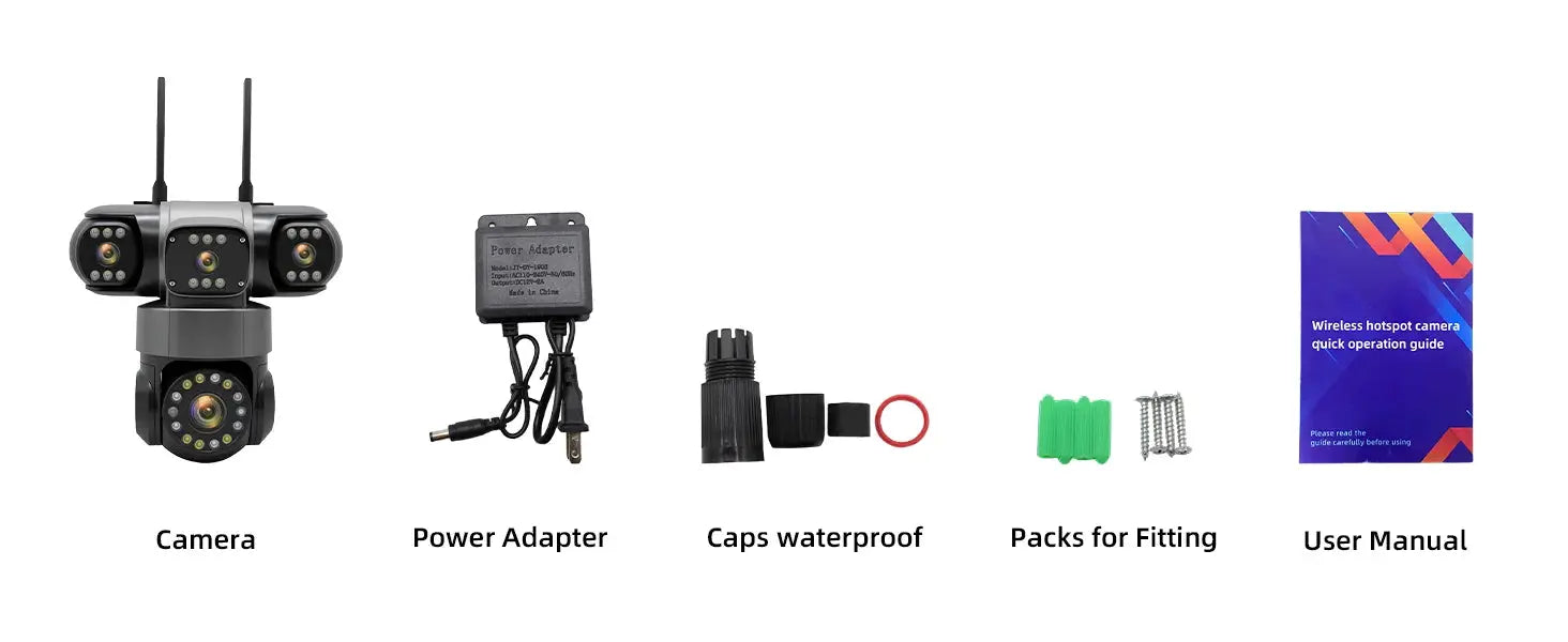 Simples Market outdoor WiFi security camera kit with multi‑lens camera and power adapter, caps, fittings, manual