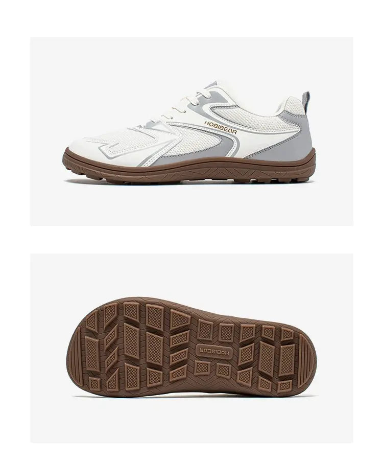 HOBIBEAR barefoot minimalist shoes, white with brown sole, unisex wide-width, non-slip outsole