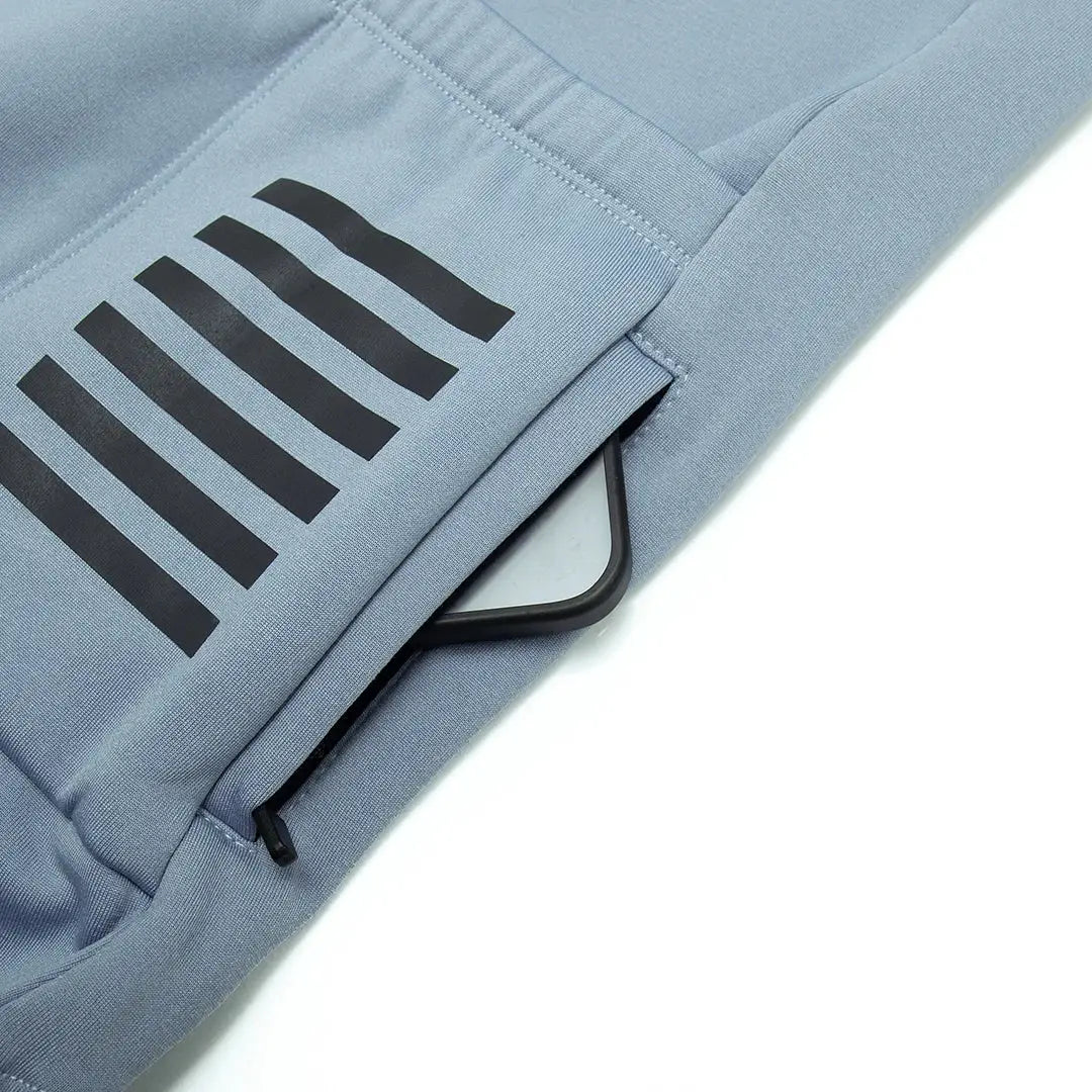 YKYWBIKE men's cycling jacket in blue-gray with black stripe graphic and fleece-lined thermal long sleeve