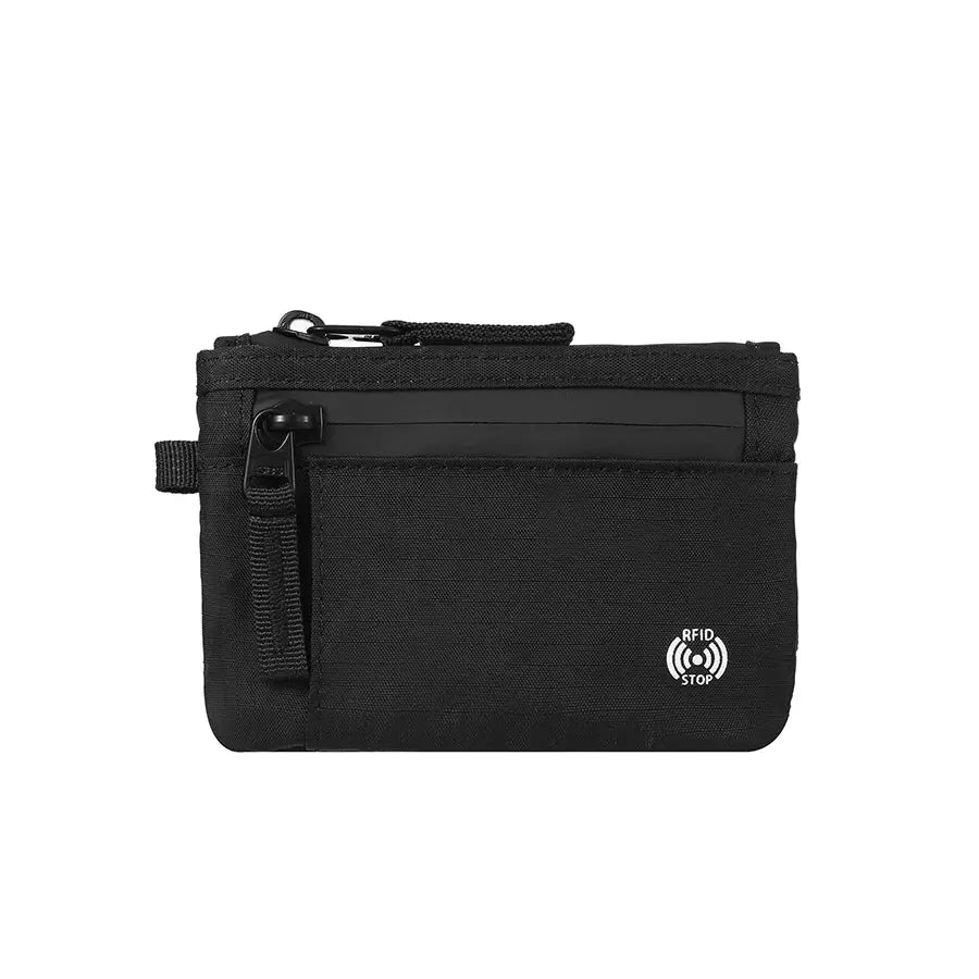 Simples Market RFID card holder with carabiner, black nylon slim wallet with coin purse for men everyday use