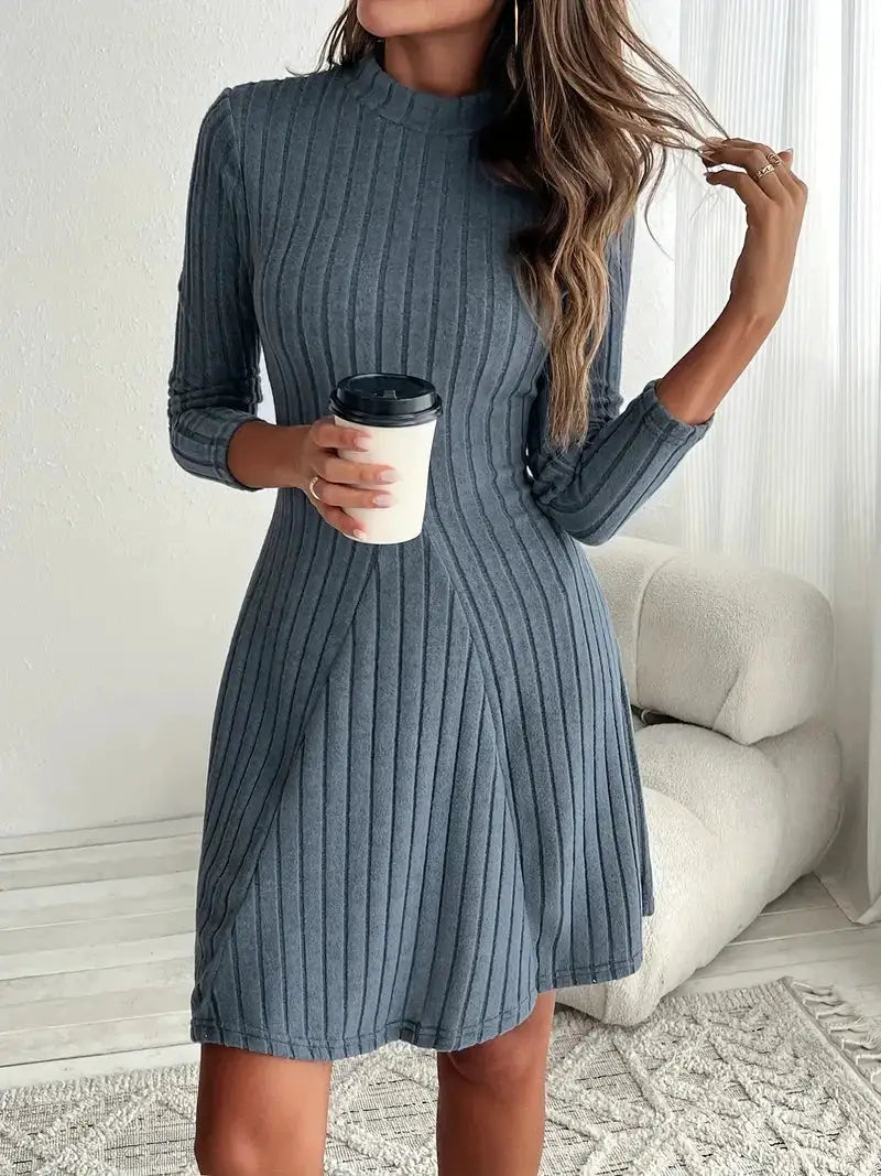 LuxeWeave Womens Slim Fit Dress With Half High Collar Cinched Waist Aline Pinstripe Long Sleeves For Autumn And Winter