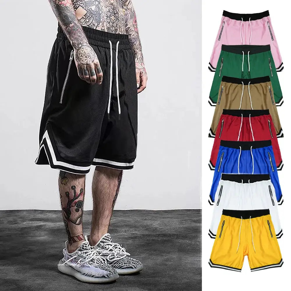 Men's basketball shorts by Simples Market, mesh quick-dry shorts with zip pockets; 7 color variants.
