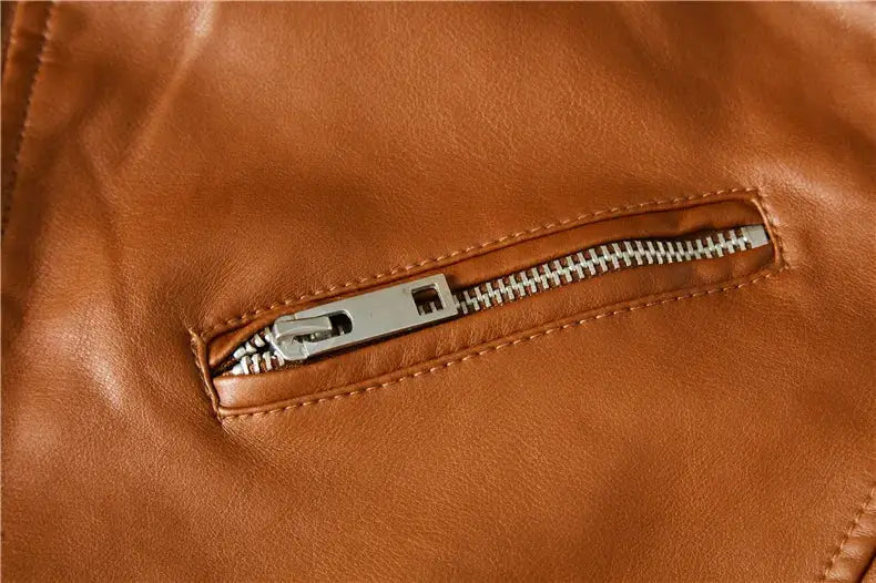 Brown leather men's motorcycle jacket with a silver zippered chest pocket.