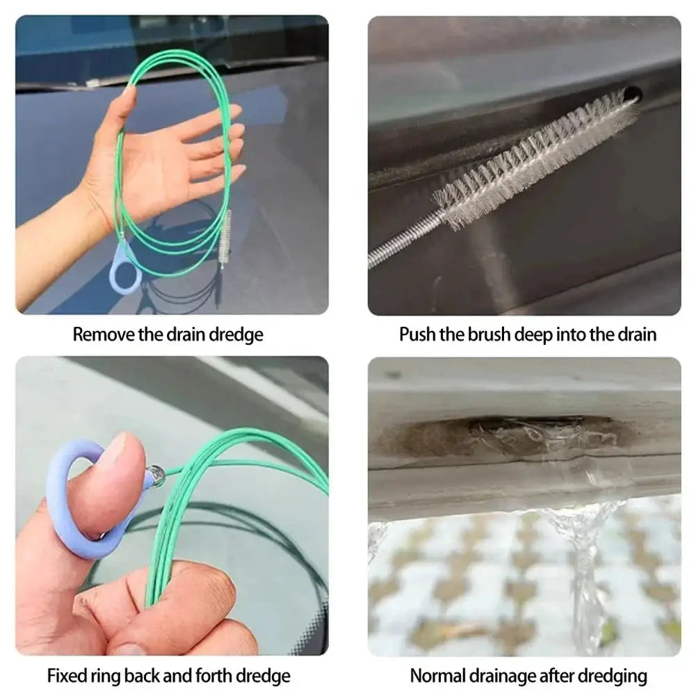 Car drain dredge cleaning brush kit with green hose and blue silicone ring, universal drain cleaner
