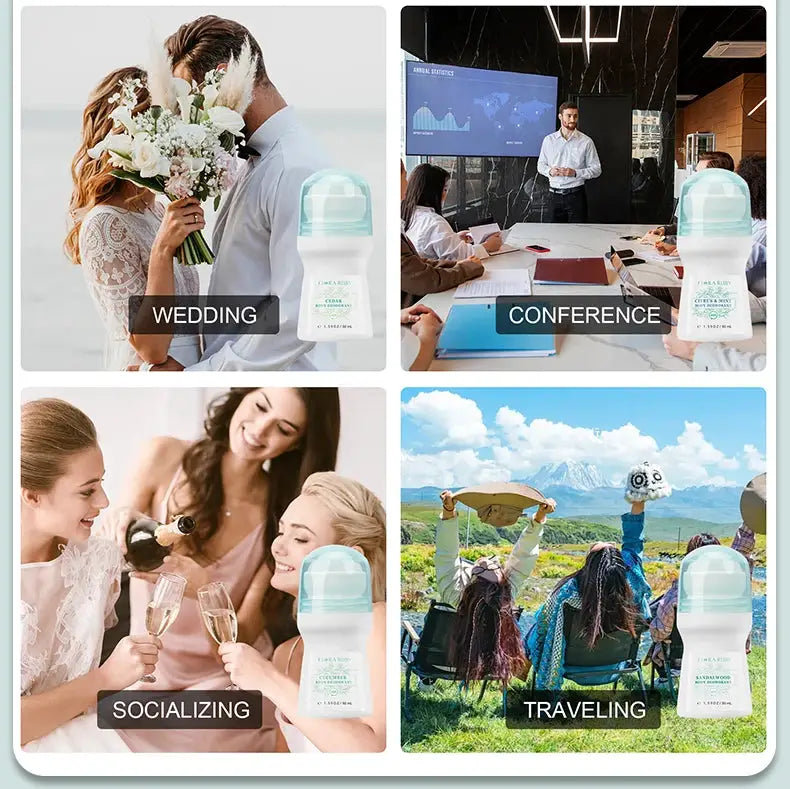 Simples Market Flora Ruby Green deodorant roll-on aluminum-free portable; shown in wedding, conference, social, travel.