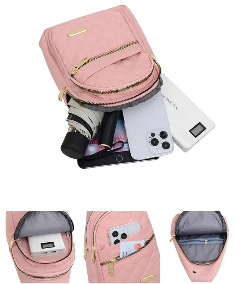 Pink quilted chest bag by Simples Market with multiple pockets and gold zippers