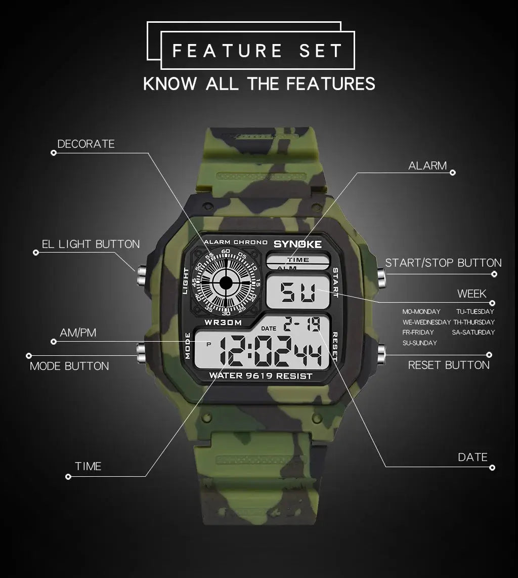 SYNOKE camouflage military digital watch for men with camo strap, digital display, alarm, date, light, water resistant