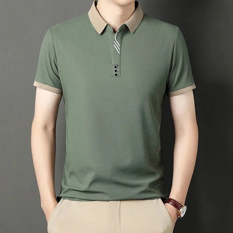 Men's olive green polo shirt with beige collar and cuffs, short sleeves