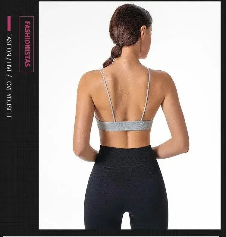 V-neck seamless triangle-cup bra camisole; gray breathable sports bra with thin straps for yoga