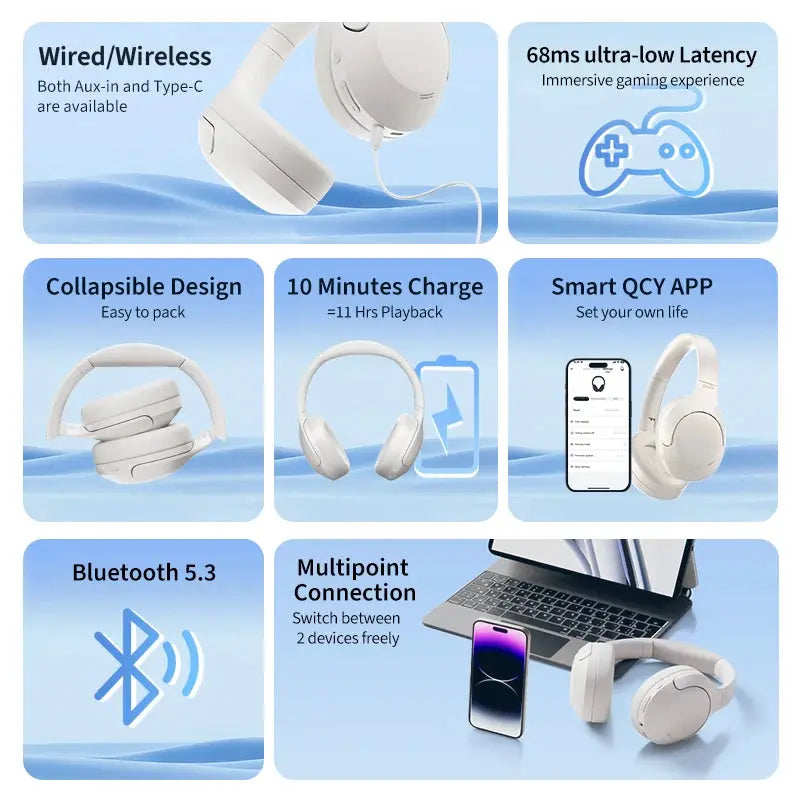 QCY H3 Lite ANC wireless over-ear headphones by Simples Market, Bluetooth 5.3, foldable design, 60H playtime