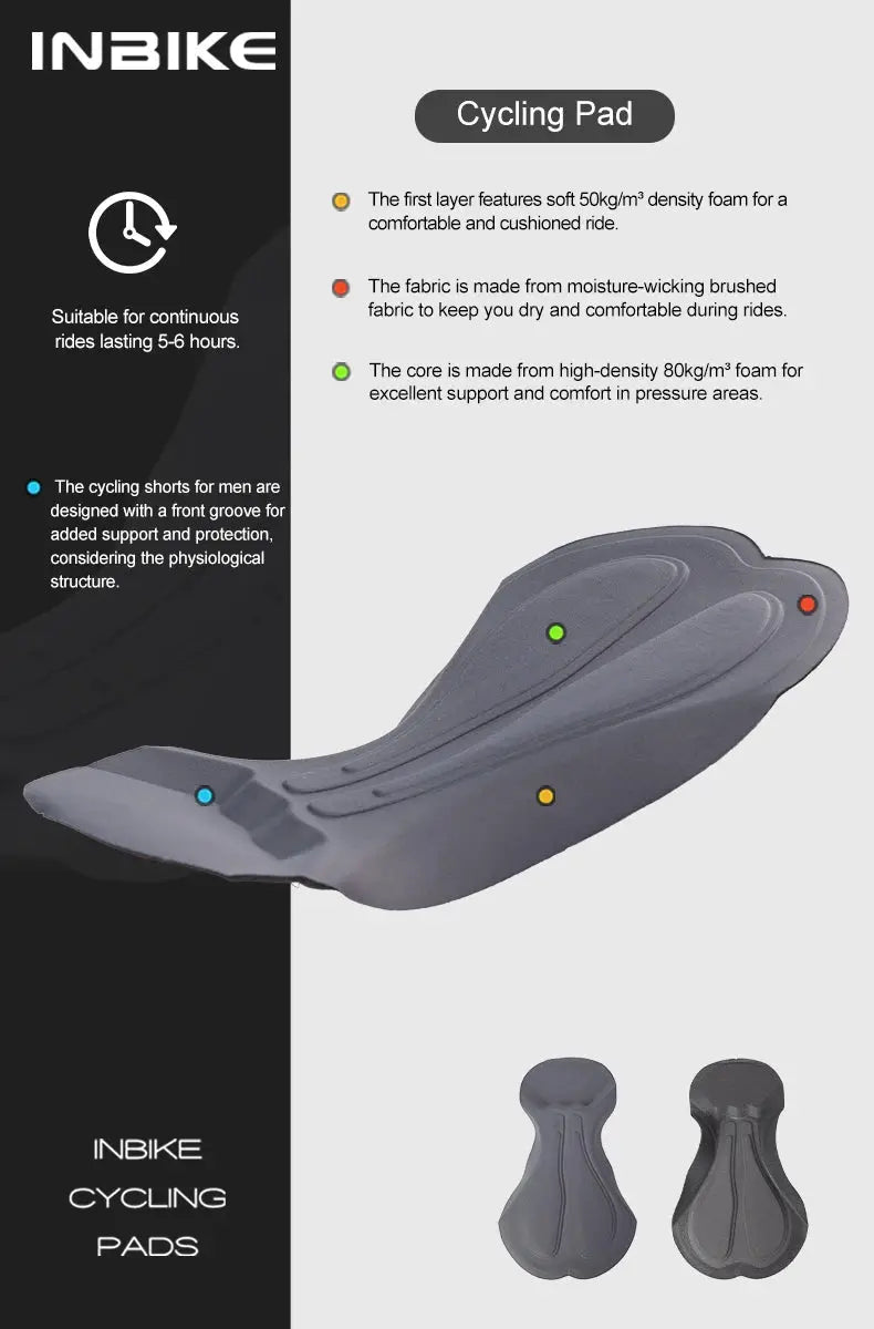 Cycling pads by INBIKE, gray contoured pad with two smaller pads; branding visible.
