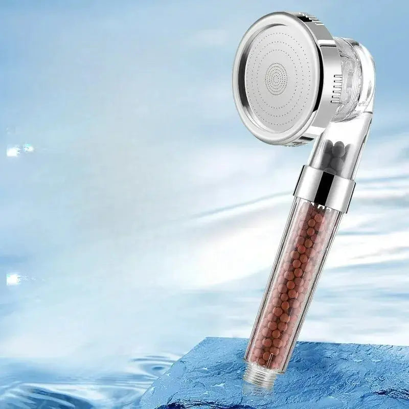 Handheld rainfall shower head with anion beads and filter cartridge, chrome finish, 3-function, water-saving