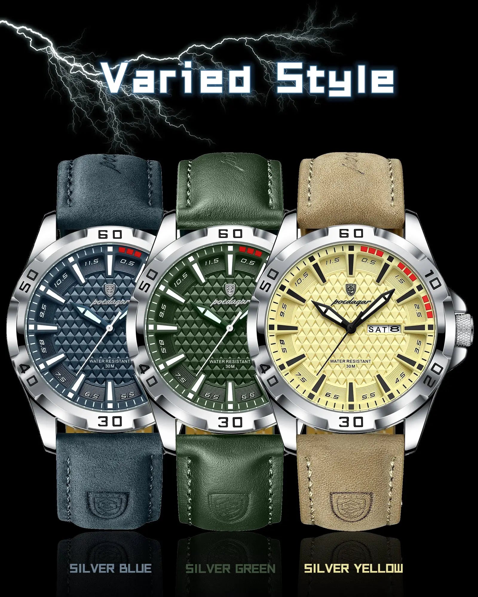 POEDAGAR men's wristwatch trio with silver cases and blue, green, beige leather straps; water resistant 30m