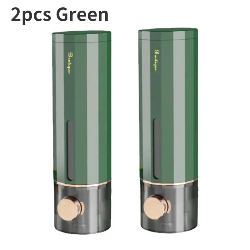 Manual wall-mounted soap dispensers, 2-pack, green with gold-tone pumps
