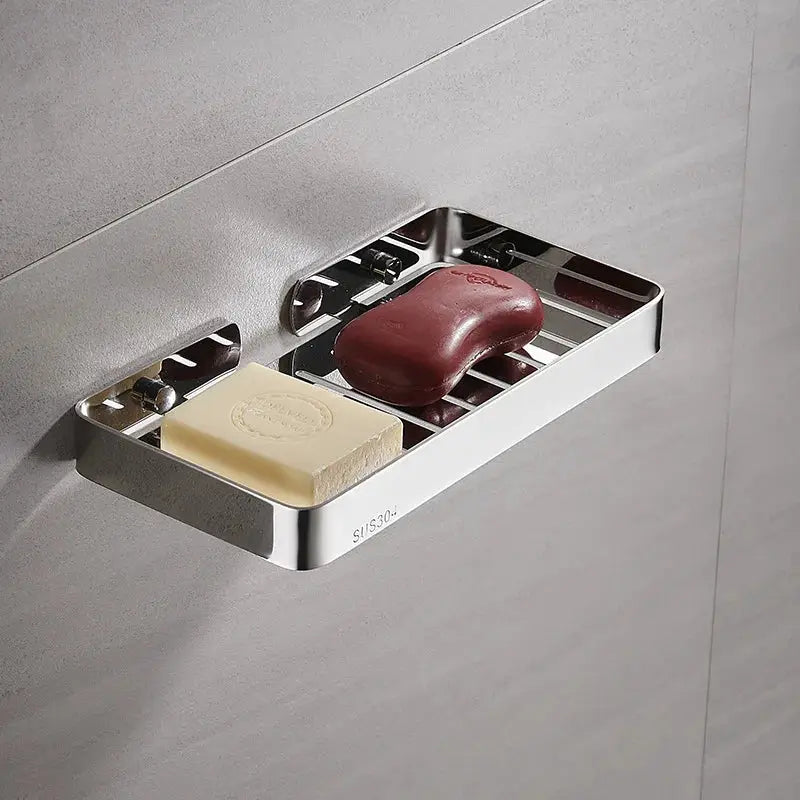 304 stainless steel wall-mounted bathroom shelf with two soap bars, sponge organizer, grid rack, polished chrome