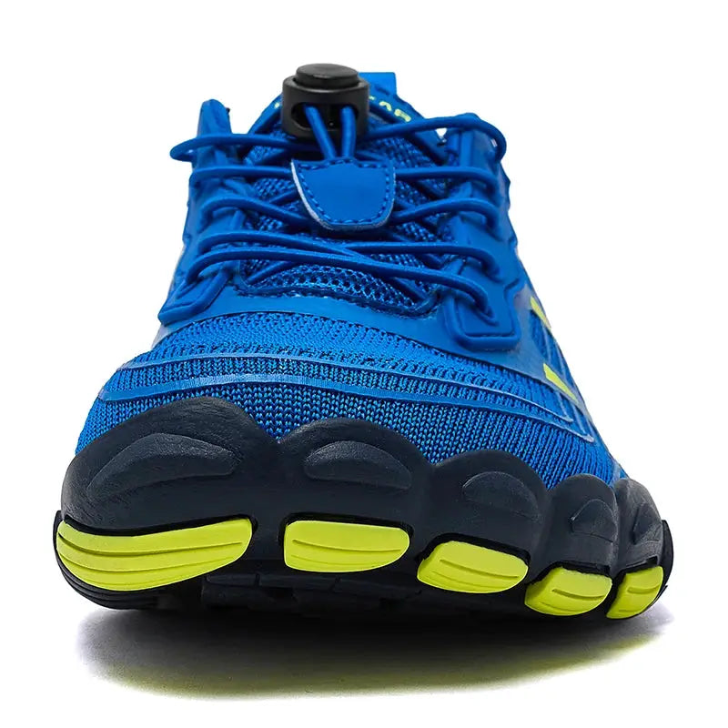 HOBIBEAR barefoot shoes, blue mesh upper with elastic laces and neon yellow outsole accents