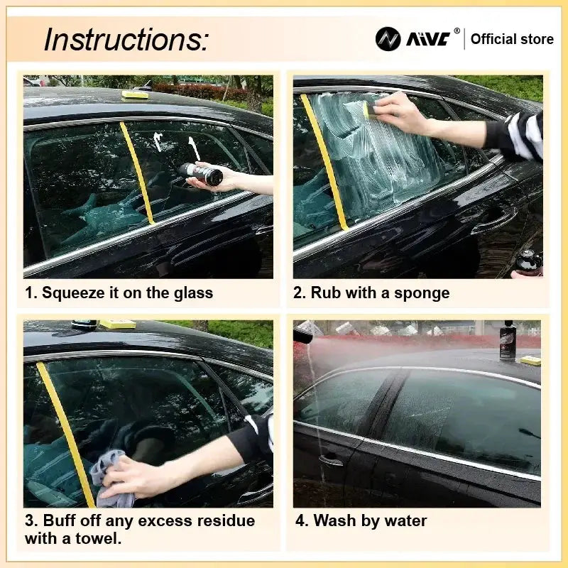 Simples Market car glass film remover; windshield polishing compound shown in four steps: squeeze, rub, buff, wash.