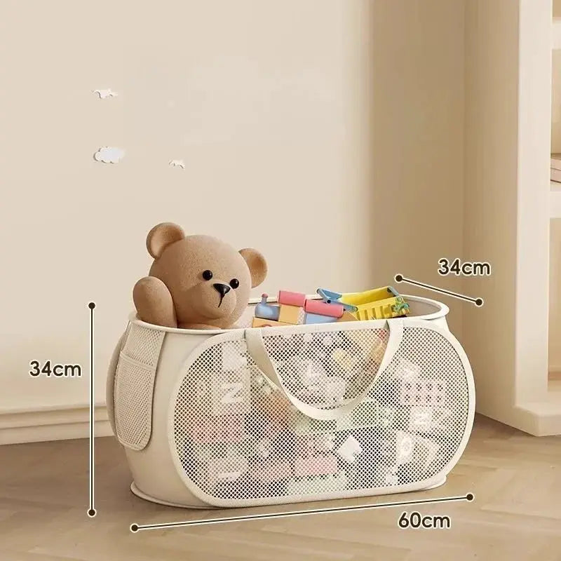 Portable large-capacity storage bin, white mesh toy organizer with plush bear and toys, 60x34x34 cm