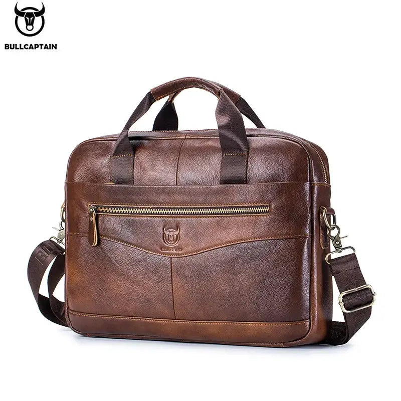 BullCaptain Leather Briefcase Messenger Bag for Men 14 Inch Laptop Compatible Genuine Cowhide for Office Professional