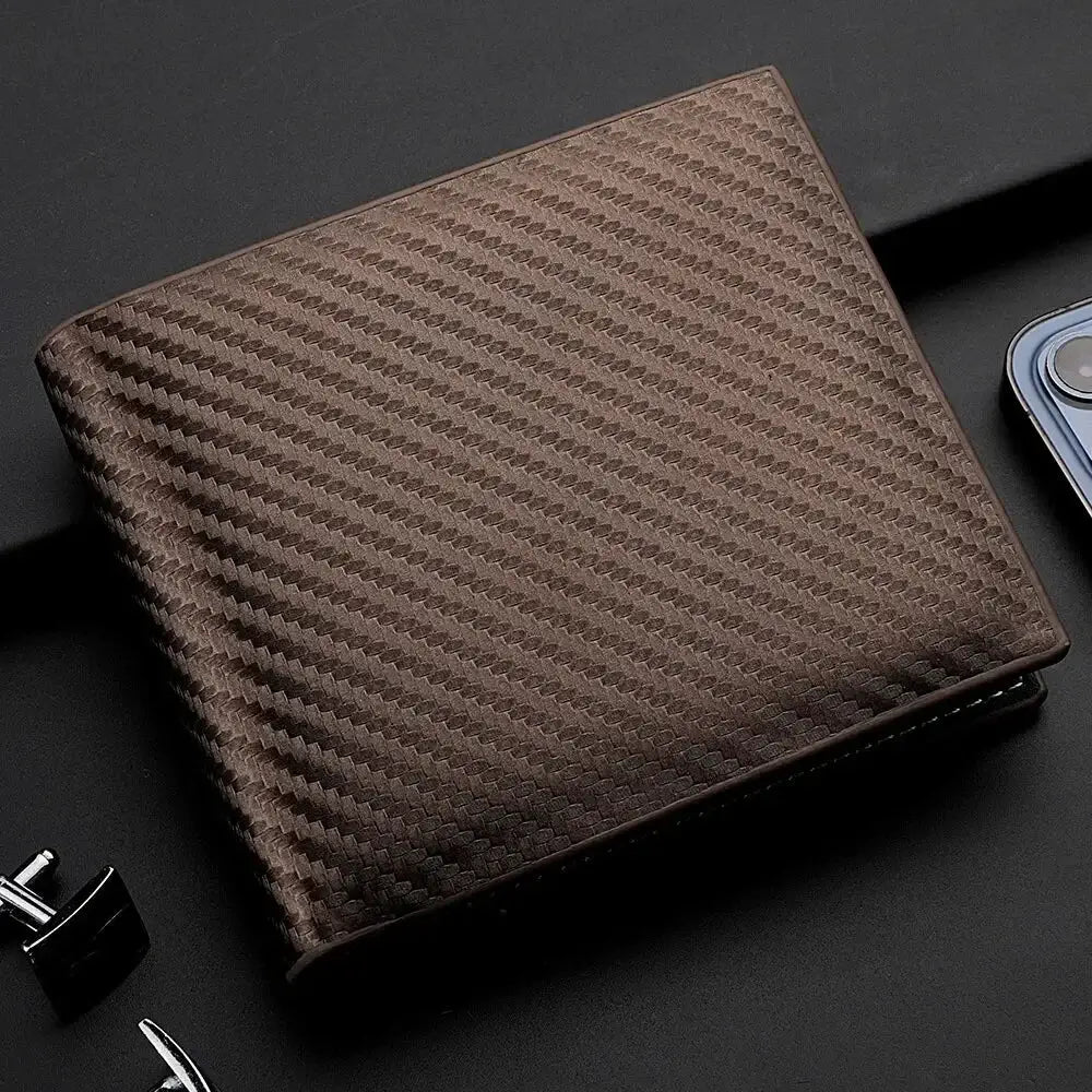 Men's carbon fiber short wallet with zipper coin pocket and card holder, brown textured by Simples Market