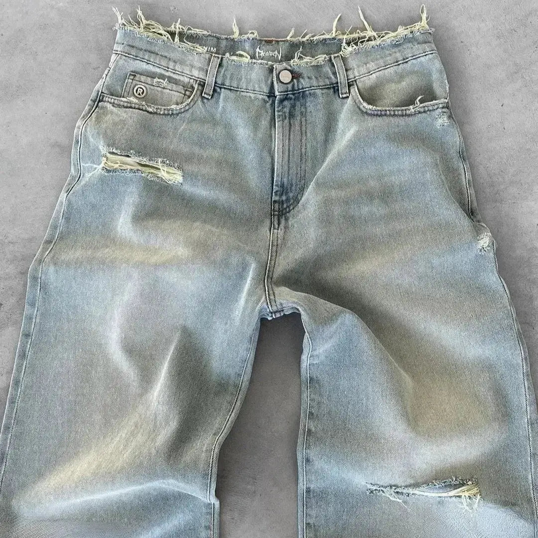 Straight jeans for men by Simples Market, light-washed distressed denim with ripped holes, zip fly
