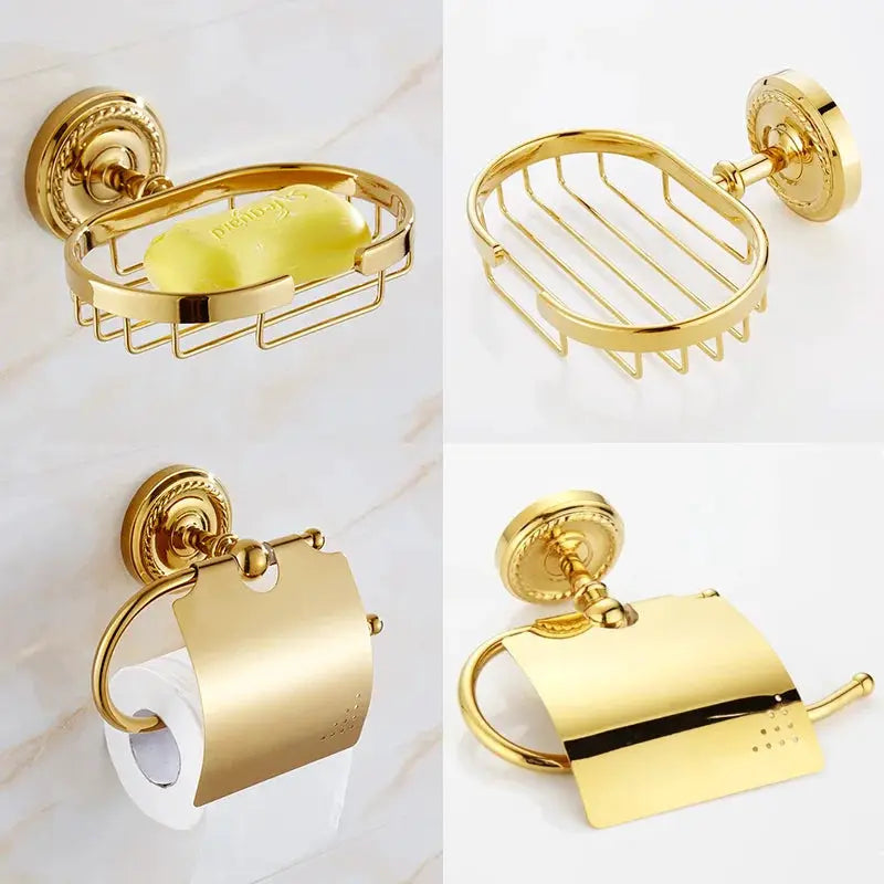 Bathroom 4-piece gold brass set by Simples Market with robe hook, paper holder, towel bar and towel ring