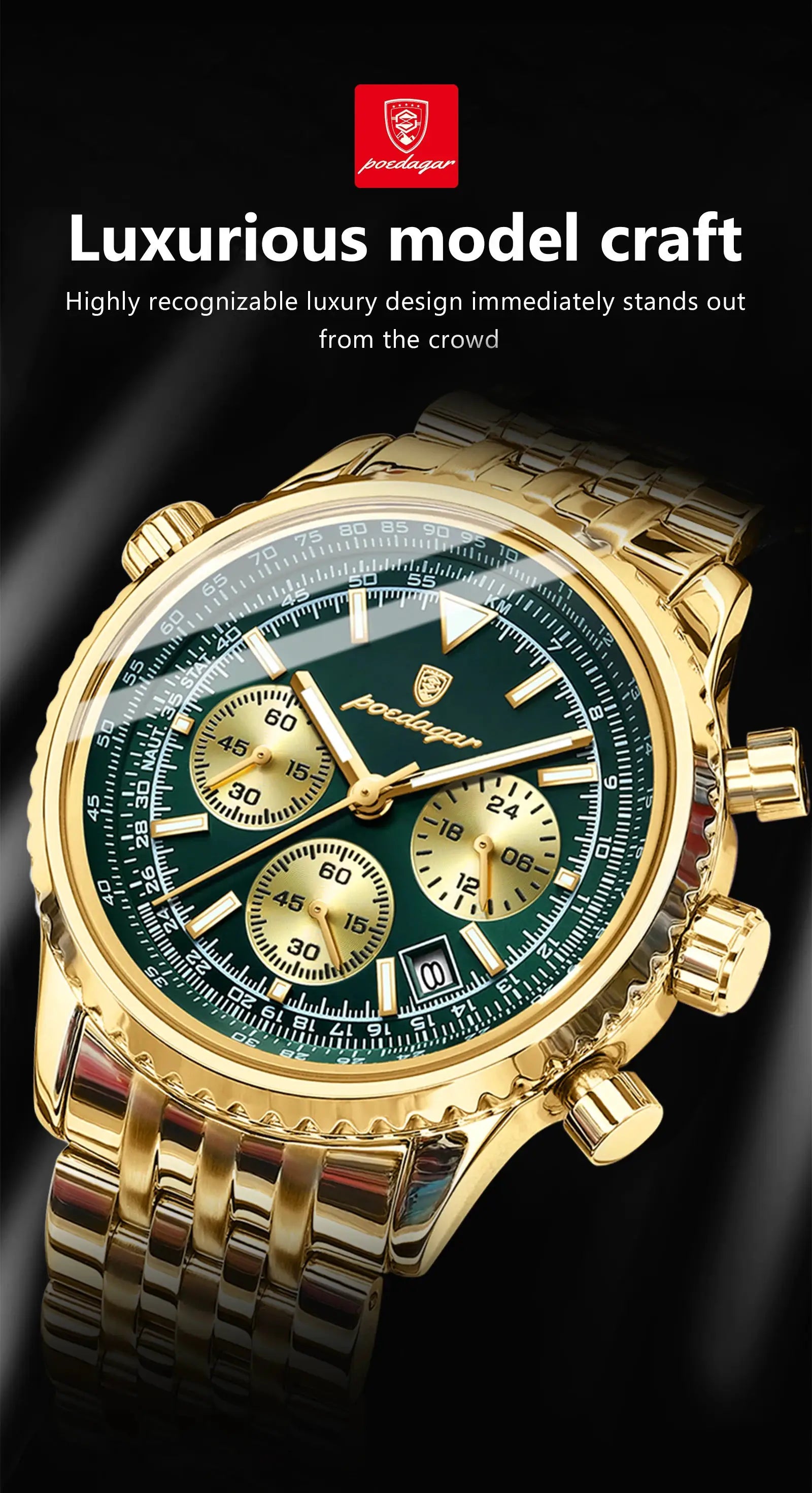 Chronograph men's watch by Poedagar, gold-tone stainless steel with green dial