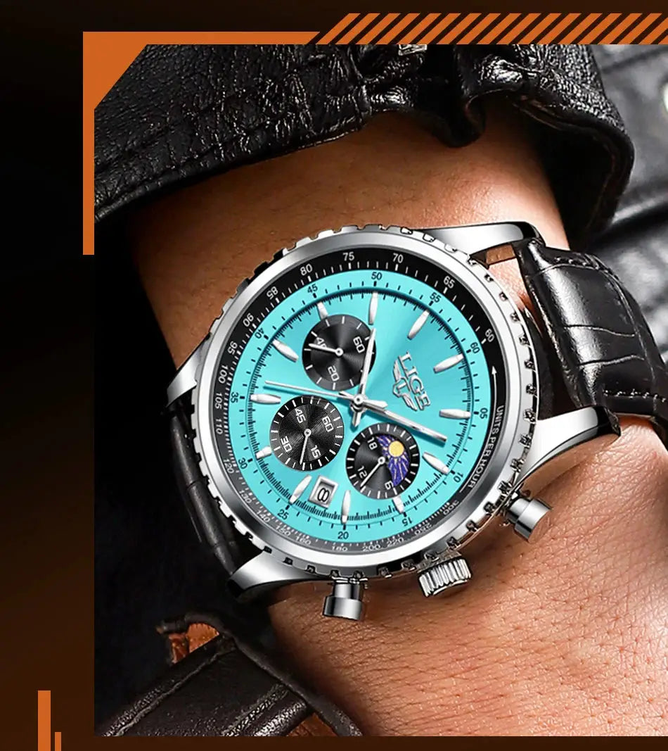 LIGE men's luxury quartz chronograph watch with turquoise dial, three subdials and black leather strap